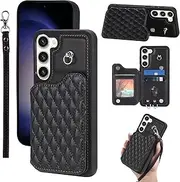 [Dibosom] Compatible with Samsung Galaxy S23 5G Wallet Case Plaid Phone Case Purse with Wrist Strap Multiple Card Slots Credit Card Holder for S 23 23S GS23 G5 SM-S911U 6.1 inch Men Women Black
