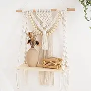 WATUNID Tier 1 Macrame Wall Hanging Shelf, Handmade Woven Wooden Floating Shelf Hanging Shelf for Wall, Boho Bathroom Decor Plant Shelf Storage Organizer for Bathroom Kitchen Nursery
