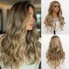 Ombre Blonde Wavy 13×4 Lace Front Wigs Skunk Stripes Wave Blonde Synthetic Wi...
