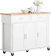 Kitchen Island Trolley with Rubber Wood Worktop Mobile Cabinet Cupboard for Kitchen Storage