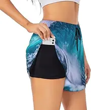[WURTON] Blue Ocean Wave Print Exercise Gym Workout Shorts Women's Athletic Shorts Dual-Layered Yoga Running Shorts