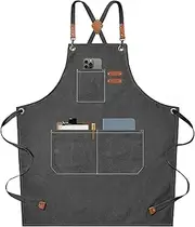 ETHEL Chef Apron for Men Women, Canvas Cross Back Kitchen Aprons, Waterproof Apron with Pockets for Kitchen Cooking, Baking, Working, Woodworking, Chef, Grill and Barber