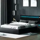 Gas Lift Base Queen Size Bed Frame With Storage LED Light Bedhead PVC Leather