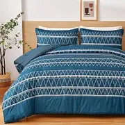 WONGS BEDDING Comforter Set King, Textured Striped Comforter with 2 Pillowcases, Blue Soft Lightweight Bedding Comforter Set for All Season, 3 Pieces King Size Comforter 104"x 90"