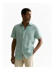 [Trenery] Regular Fit Delave Linen Short Sleeve Shirt in Pale Seafoam