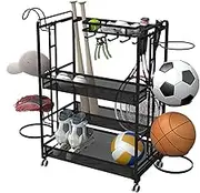 Metal Utility with Removable Hat/Ball Rack, Home Sports Equipment Storage Trolley for Basketball/Football/Baseball Rod/Tennis Racket,Black L