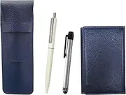 SASL-MEIL-ALST-AP200BP-W Cowhide Blue Pen Case and Business Card Holder, Metal Touch Stick Silver and Retractable Ballpoint Pen Since1970 Set, White