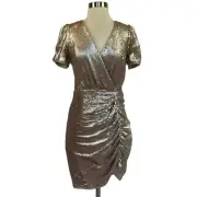 Aidan Mattox Women's Cocktail Dress Size 2 Gold Sequined Short Sleeve Sheath