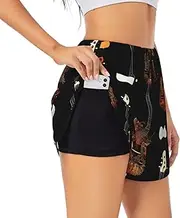 [WURTON] Art Guitar Pattern Print Print Exercise Gym Workout Shorts Women's Athletic Shorts Dual-Layered Yoga Running Shorts