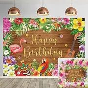 Hawaiian Happy Birthday Backdrop 7x5FT Summer Floral Tropical Flamingo Wooden Photography Background Hawaii Luau Theme Birthday Party Decorations Supplies