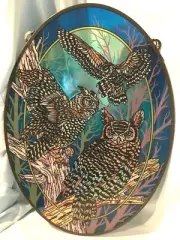 Amia Glass Suncatcher Owls 17.5" x 12.5" Oval Panel Metal Frame"$96.99
