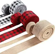 Shappy 6 Rolls 45 Yards Christmas Wired Edge Ribbons Black Red Plaid Ribbon Black and White Buffalo Plaid Ribbon Burlap Craft Ribbon for DIY Wrapping, Crafts Decoration, 2 Inch and 1 Inch