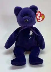 TY 1997 "Princess Diana” Beanie Baby Purple Bear New with Tags PE Pellets Rose