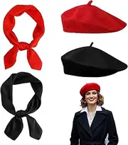 [TUONYIS] 4 Pcs Beret Hat + Women's Neckerchief, French Women Mime set, Vintage French Classic Solid Color Beret, Artist Barrett Bandana Elegant Scarf, for Cosplay Party, Daily Dress Up