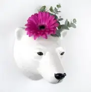 Polar Bear Head Figurine Hang Vase Wall Mounted Ceramic Plant Flower Home Décor