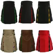 Men's Scottish Handmade Cotton Modern Hybrid Utility Kilt with Tartan Plate Kilt