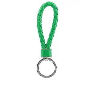 【BOTTEGA VENETA】新款銀釦小羊皮編織鑰匙圈(鸚鵡綠)/ 平行輸入