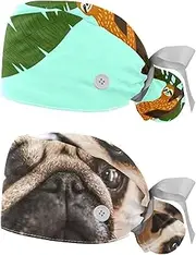 [WOSHJIUK] Working Hat 2 Pack Scrub Caps for Women,Cute Sloth Hanging on The Tree,Tie Back Cap Adjustable Scrub Hat