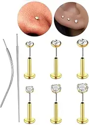 MODRSA Silver Gold Threadless Nose Stud 20g 18g Flat Back Cartilage Earring Flatback 20 Gauge Nose Rings Push in Helix Conch Earring Studs for Women 6mm 8mm
