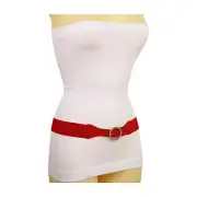 Women Chic Red Faux Leather Elastic Skinny Belt Gold Circle Metal Buckle Fit S M