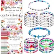 [Kenning] 24 Pcs Happy Mother's Day Bracelet with Cards Colorful Cross Bead Bracelet Stackable Elastic Cute Wristbands Jesus Loves You Religious Christian Gift Sets for Mom Mother's Day