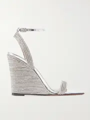 [Aquazzura] Aquazzura - Wow 95 Crystal-embellished Metallic Leather Wedge Sandals - Silver - IT42 IT 42 Silver