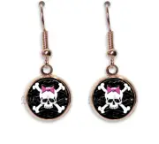 Crossbones Skull Pink Bow Gothic Handmade Resin Dangling Earrings 12MM SIZE