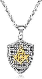 [TYMONT] Men's Stainless Steel Masonic Shield Pendant Necklace, Mason Compass Symbol Pendant Religious Jewelry