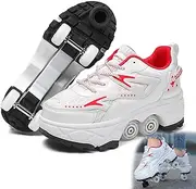 [AMMFIT] Deformation Roller Shoes Quad Roller Skates with Brake, Shoes with Wheels for Kids and Adults Sports Outdoors Technical Skateboarding Shoe,Red-5.5