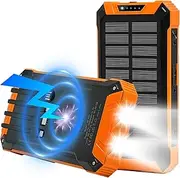 Power Ban,Solar Power Bank,Wireless Charger 20000mAh Built in 4 Cables,4outputs 15W Fast Charging Power Bank for All Mobile Devices 3 Inputs Solar Portable Charger with Dual Flashlights