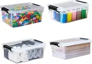 4 Pcs Small Storage Bins with Lids, 3.2 Quart / 3 L Plastic Stackable Storage Containers with Latching Buckle, Multipurpose Durable Clear Storage Boxes for Closet, Garage, Tubs Organizing
