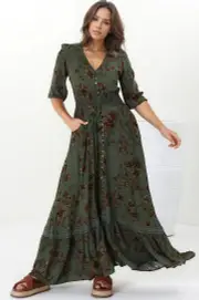 JAASE - Romi Maxi Dress: Button Down 3/4 Sleeve Dress with Waist Tie in Esme Print