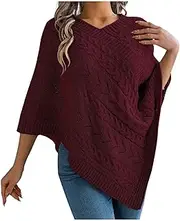 [Generic] Poncho Knitted Cape Shawl Wrap Cardigan for Women Elegant Wrap V Neck Cable Knit Hollow Out Pullover Sweater Jumper Top