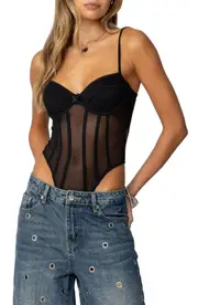 EDIKTED Jenia Bustier Mesh Bodysuit in Black at Nordstrom, Size Small