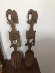 Vintage Carved Large Wooden Spoon and Fork 14 Inch Wall Decor