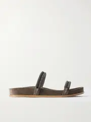 [Brunello Cucinelli] Brunello Cucinelli - Bead-embellished Suede Slides - Brown - IT39 IT 39 Brown