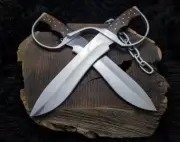 2Pcs Handmade Carbon Steel Bowie Full Tang IP Man Knife Set with Leather Sheath