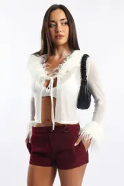 White Top Faux Fur Neckline And Cuff - Size 6XXS, Women's Jacket