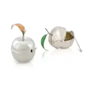 Silver Apple Shape Honey Pot and Spoon in Colorful Cold Enamel Hanukkah Gift