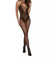 Dreamgirl Fishnet Body Stocking Lingerie w Crotchless Teddy Design&Caged Necklin