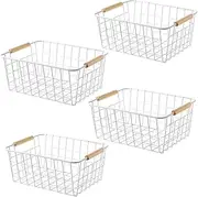 4-Piece Wire Baskets with Handles, Storage Baskets with Wooden Handles, Snack Closet Organizer Storage Baskets, Desktop Storage Baskets for Kitchen, Pantry, Bedroom, Bathroom