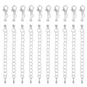 10Sets 2.5mm Fold Over Cord Ends with Clasps and Extension Chain, Silver