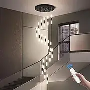Modern Loft Chandelier with RC,Acrylic Stair Chandelier,11.8" Acrylic Columns & 118" Chain Adjustable Height - Dimmable Ceiling Light Fixture for Villas,Foyer,Enterence(18 Lights 90W, Black)