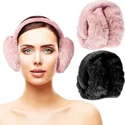 [WOFASHPURET] Women Winter Ear Muffs, 2 Pcs Faux Fur Warm Ear Muffs Fluffy Ear Covers Foldable Ear Warmers for Winter Outdoor Indoor (Black, Pink)