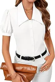 [Vrtige] Women's Puff Short Sleeve Collared Top Work Office Button Down Front Blouse Shirt