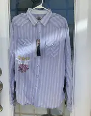 ED HARDY MEN'S GRAY LS BUTTON UP SHIRT. SIZE XL USA MARINES PIN STRIPES BLUE