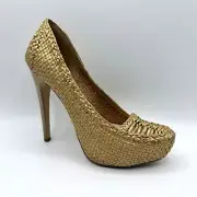 Prada Women's Gold Metallic Leather Woven Platform Pump Heel 1IP063 Cuoio 39.5