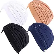 [Qianmome] 4 Pieces Womens Pearls Beaded Turban Hats Headwraps Hijab Stretch African Chemo Cancer Cap