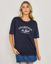 [Champion] Champion Women's Graphic Oversized T-Shirt in Deep Navy Size Medium M Deep Navy