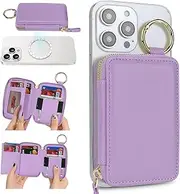 Cavor Compatible with MagSafe Wallet Phone 7 Card Holder with Key Ring Adjustable Stand Zipper Pocket for iPhone 16 Pro Max/15 Plus/14/13/12 Series Magnetic Leather Wallet for Men Women-Light Purple